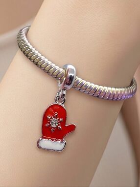 Red Mitten Charm Snowflake Dangle Bead Fits Pandora Style Bracelet Winter Vibes